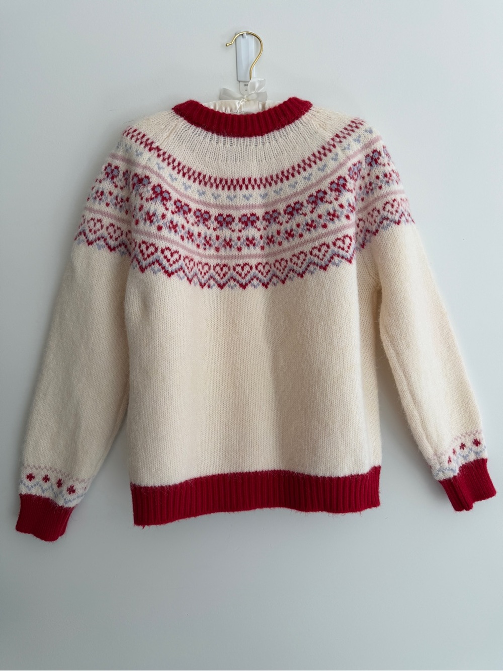 FAIR ISLE  Hearts Bows Cardigan Sweater Fuzzy Soft Cozy Pockets Nordic Soft Girl - Picture 3 of 17